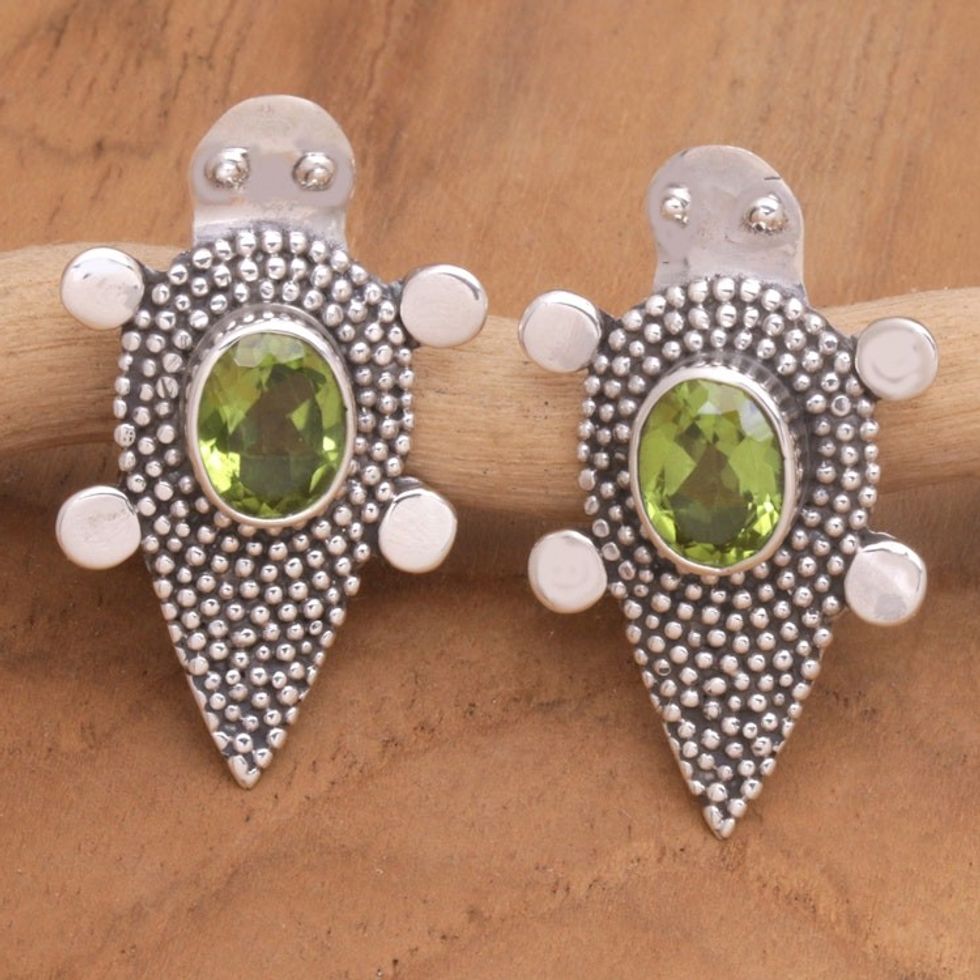 Sterling Silver Peridot Tortoise Button Earrings 'Heaven's Green Tortoise'