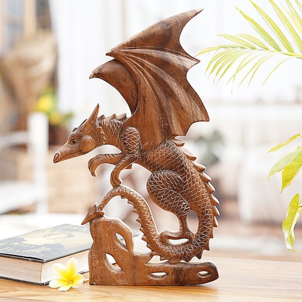 Hand Made Suar Wood Relief Panel with Dragon Motif 'Flaming Dragon'