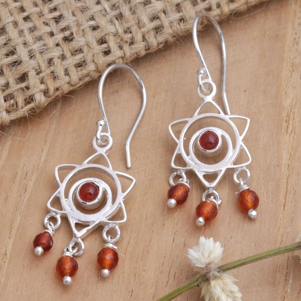 Chakra Themed Sterling Silver and Carnelian Dangle Earrings 'Daybreak Star'