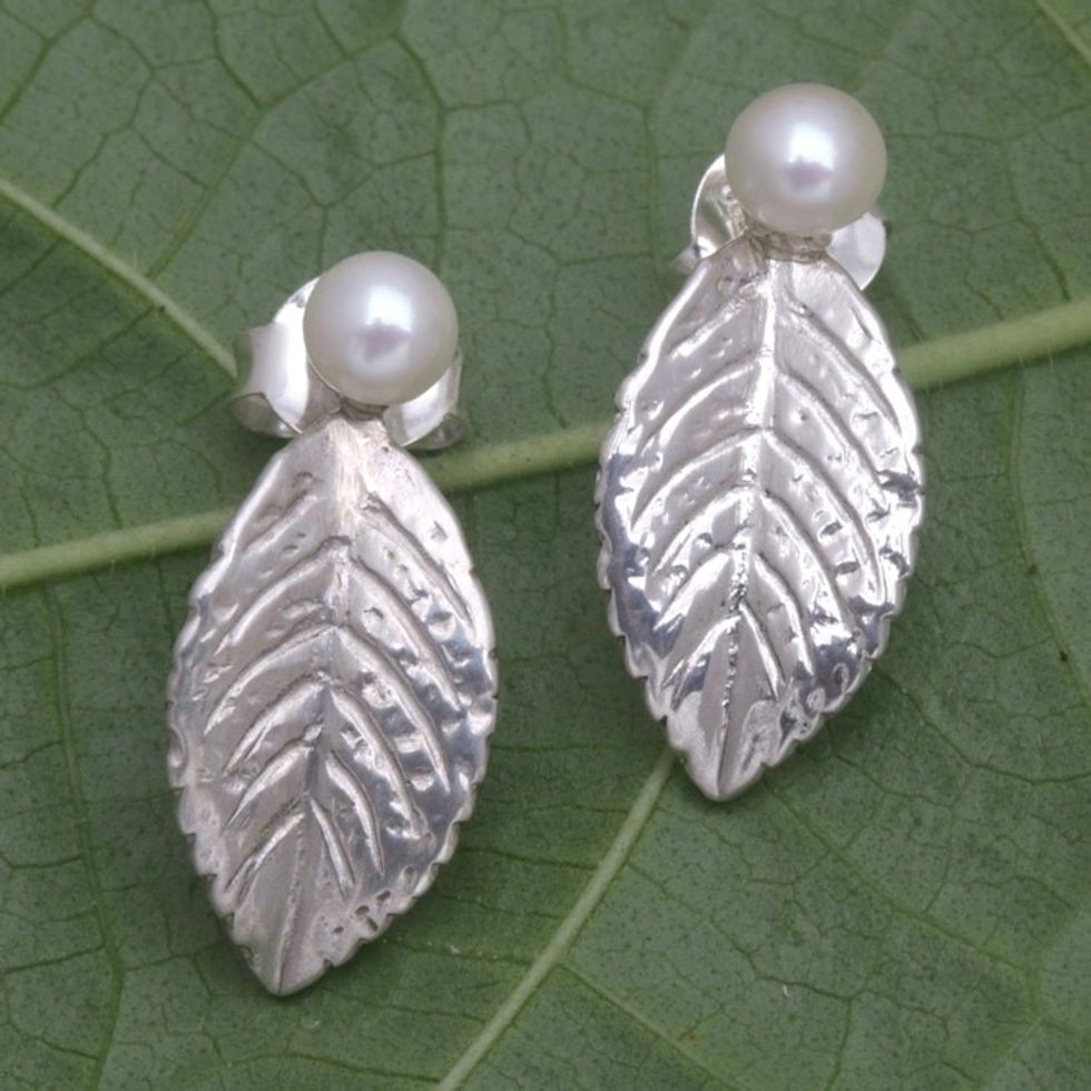 Sterling Silver and Cultured Pearl Drop Earrings from Bali 'Leaf in Clarity'