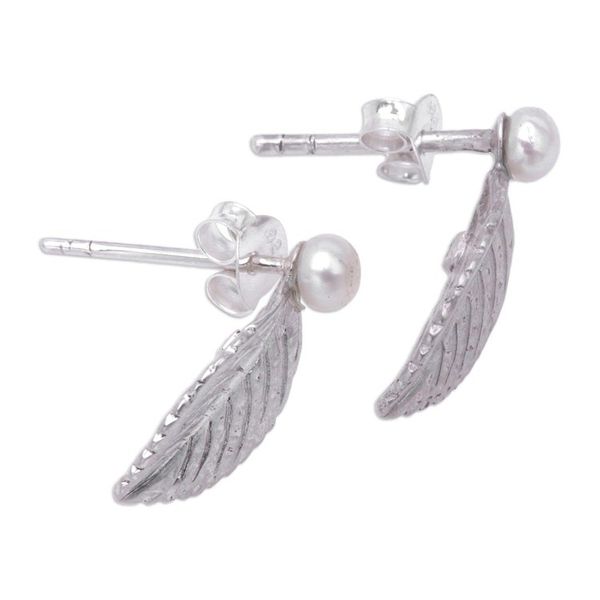 Alternate image for Sterling Silver and Cultured Pearl Drop Earrings from Bali Leaf in Clarity