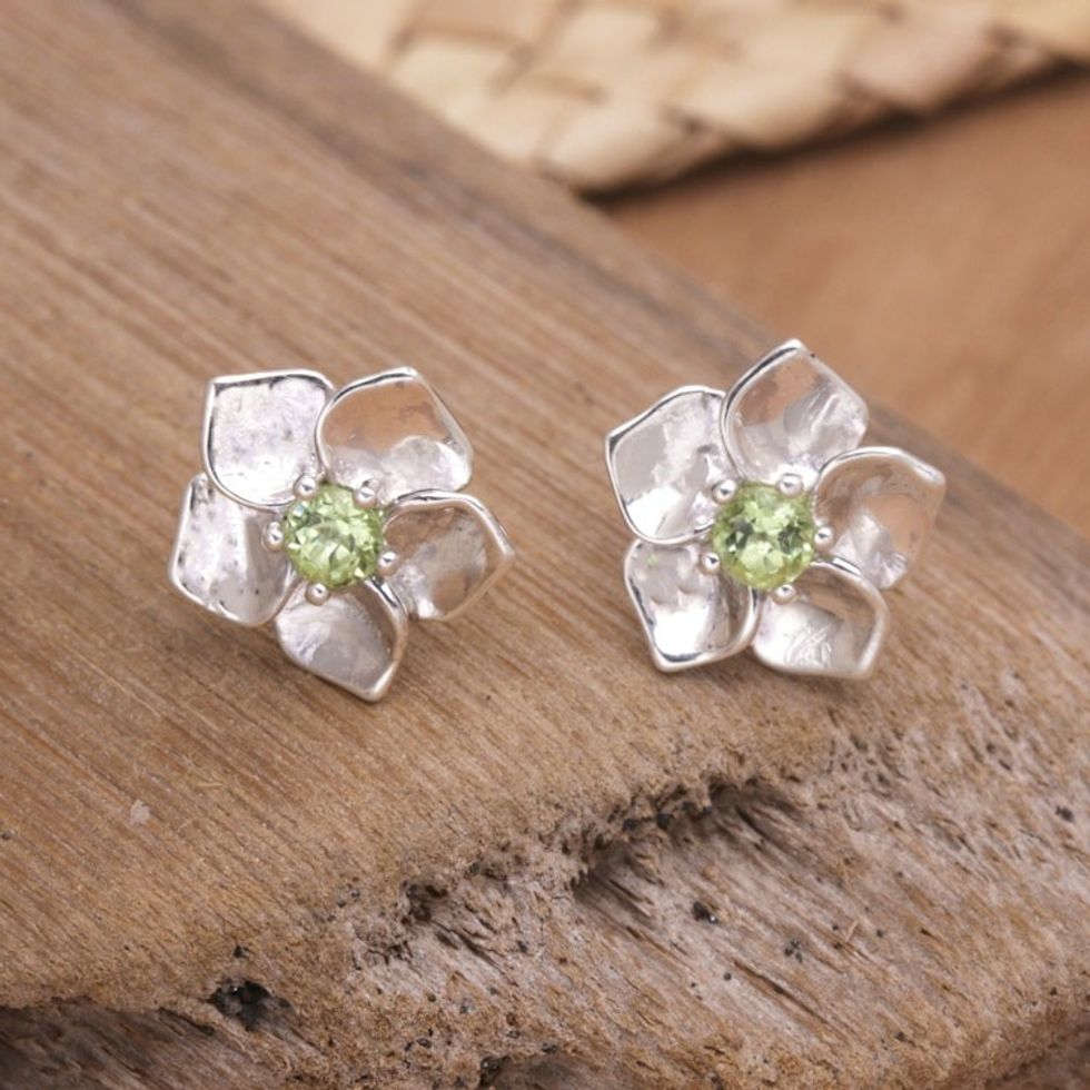 Sterling Silver Stud Earrings with Natural Faceted Peridot 'Prosperity Blooms'