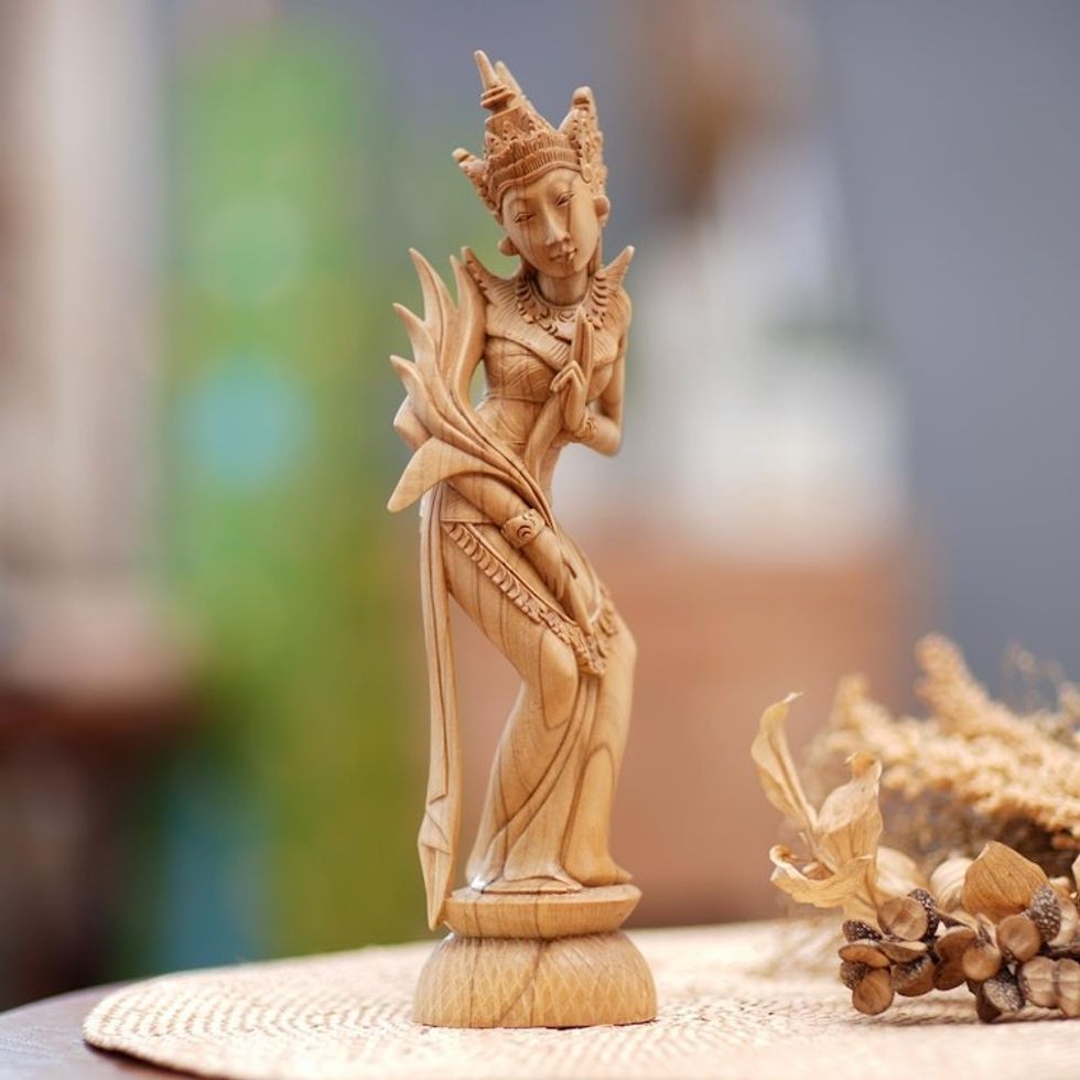 Hand-Carved Crocodile Wood Dewi Sri Sculpture from Bali 'Dewi Sri Blessing'