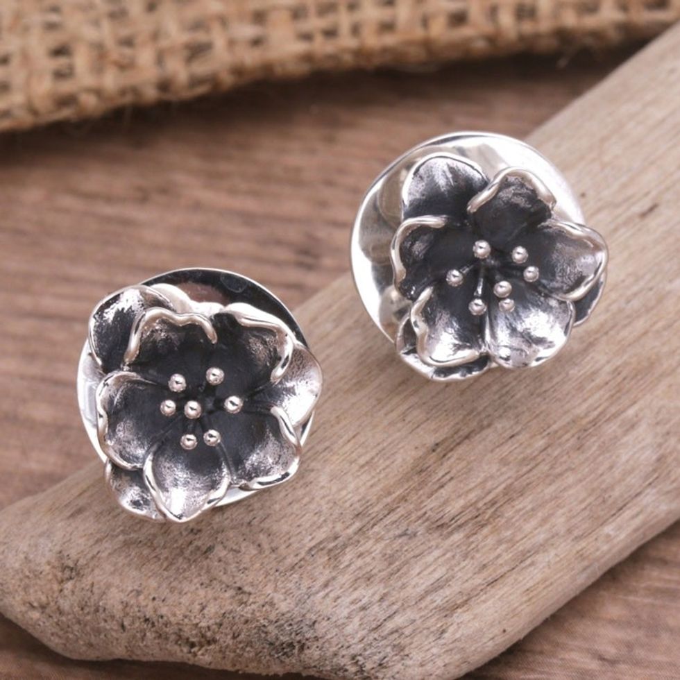 Handmade Floral Sterling Silver Button Earrings from Bali 'Floral Lineage'