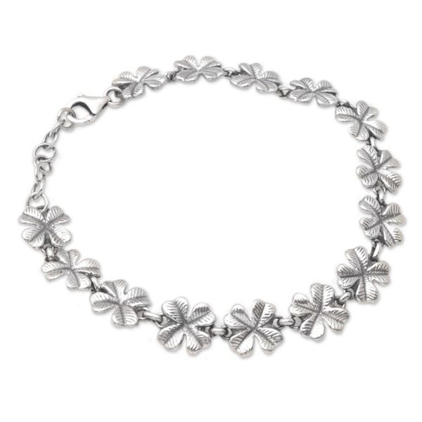 Alternate image for Sterling Silver Link Bracelet with Four-Leaf Clover Motif Chic Cloverleaf