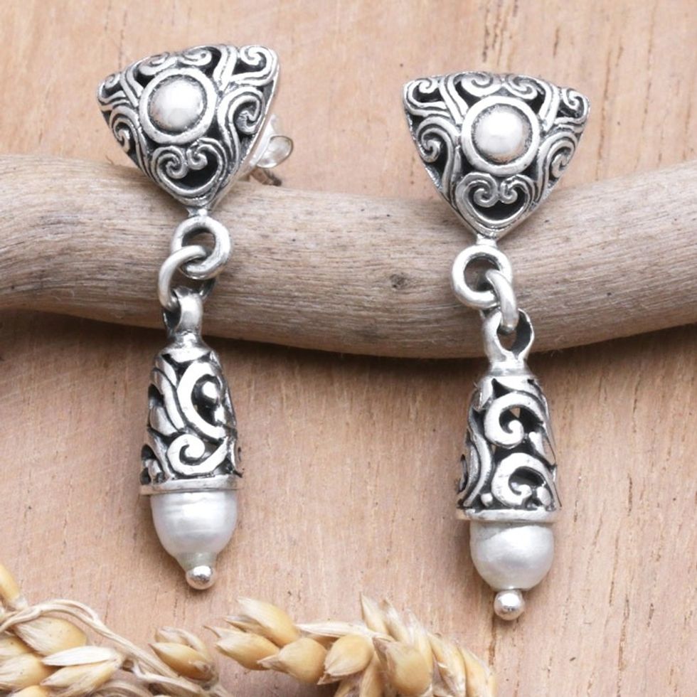 Geometric Dangle Earrings with Traditional Motifs and Pearls 'Traditional Triangles'