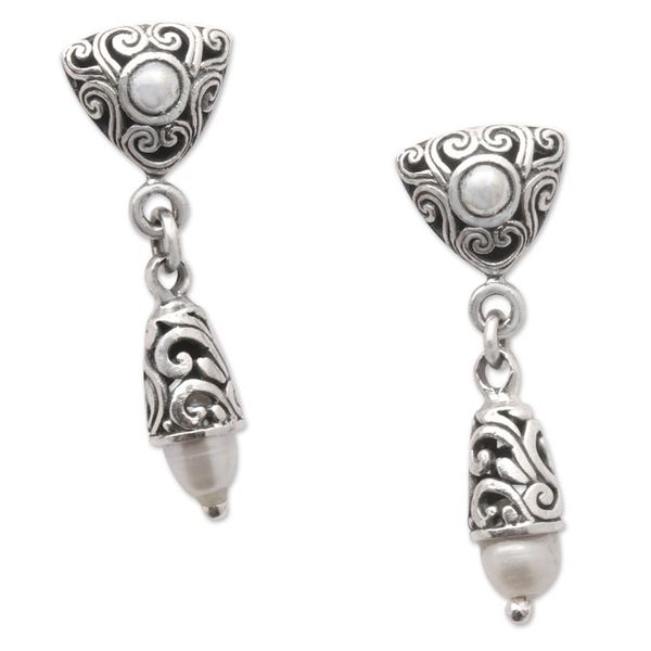 Alternate image for Geometric Dangle Earrings with Traditional Motifs and Pearls Traditional Triangles