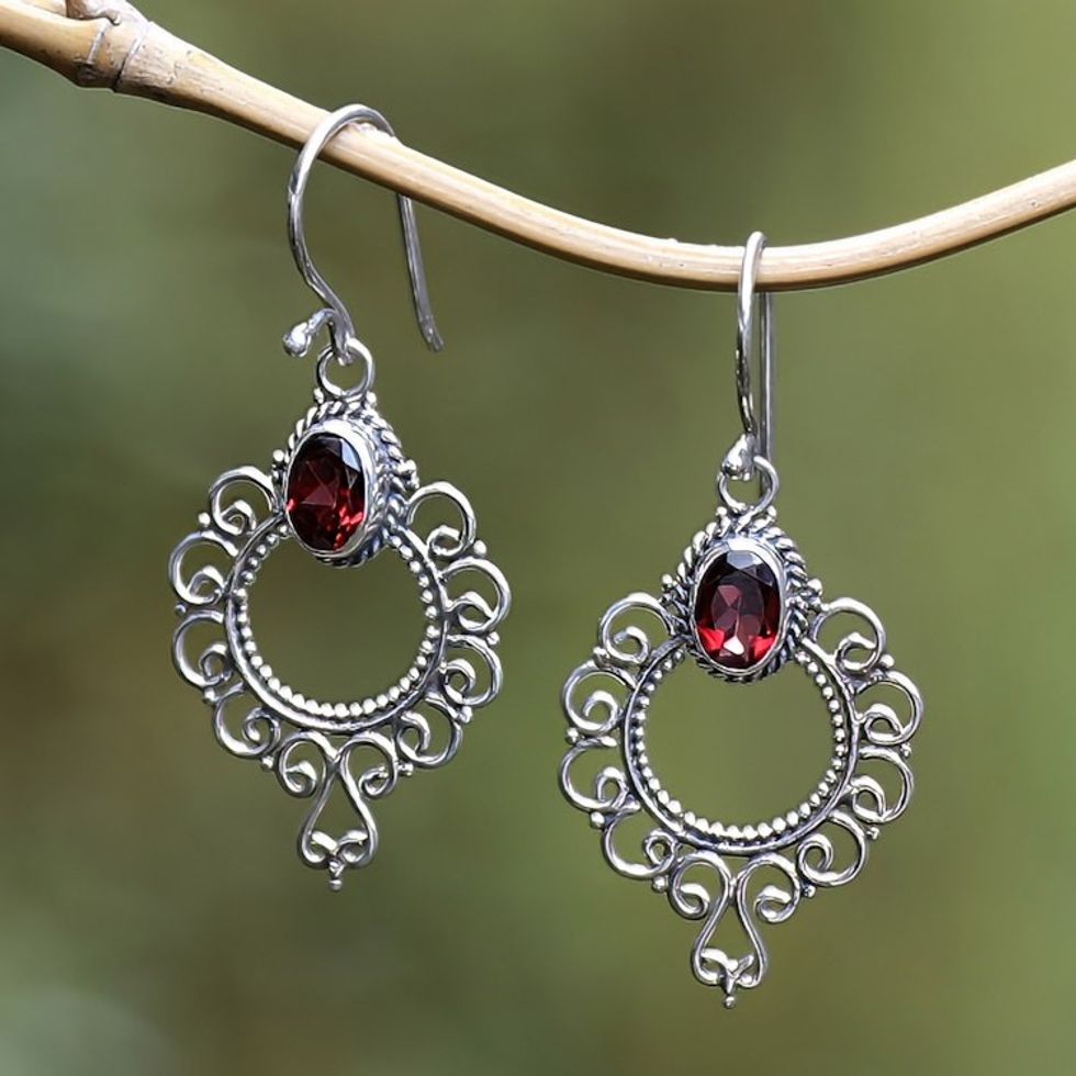Swirling Sterling Silver Dangle Earrings with Garnet Gems 'Passionate Morning Flowers'