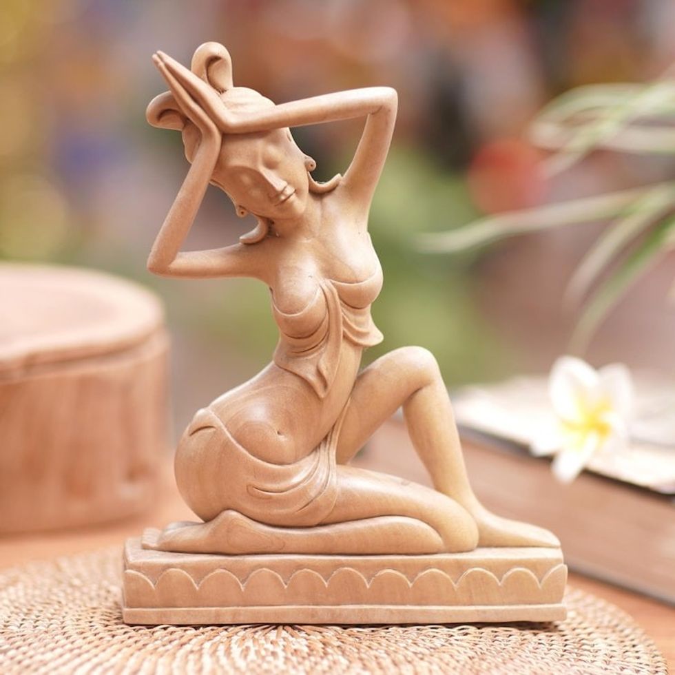 Hand-Carved Hindu Crocodile Wood Sculpture of Praying Woman 'Praying Lady'