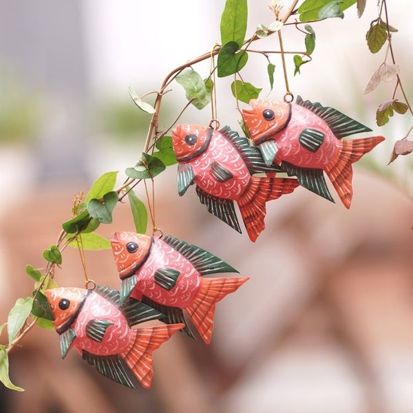 Alternate image for Set of 4 Crocodile Wood Hand-Painted Fish Ornaments Vibrant Shoal