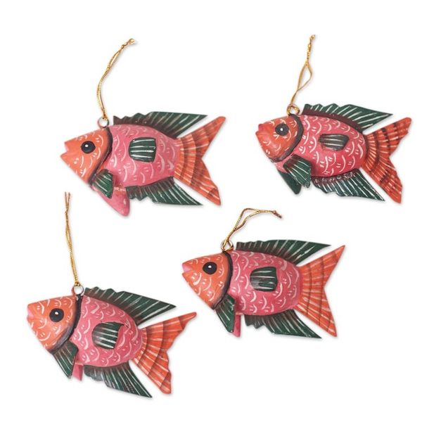 Alternate image for Set of 4 Crocodile Wood Hand-Painted Fish Ornaments Vibrant Shoal