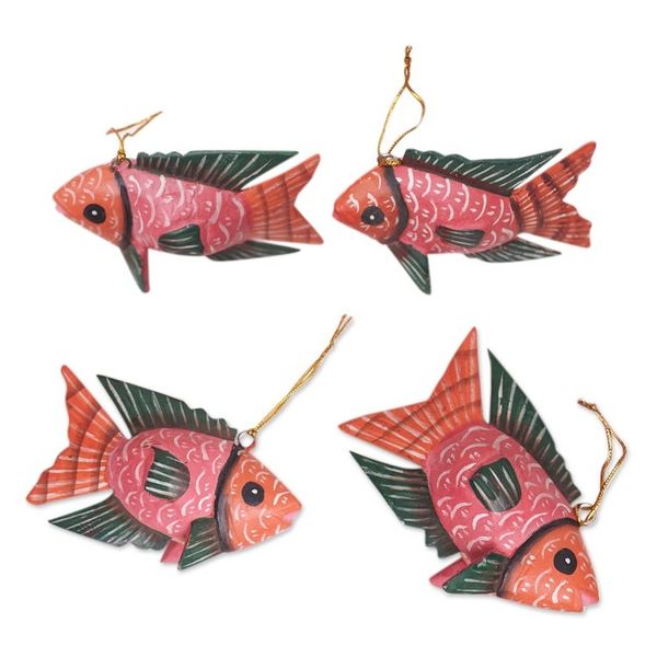 Alternate image for Set of 4 Crocodile Wood Hand-Painted Fish Ornaments Vibrant Shoal
