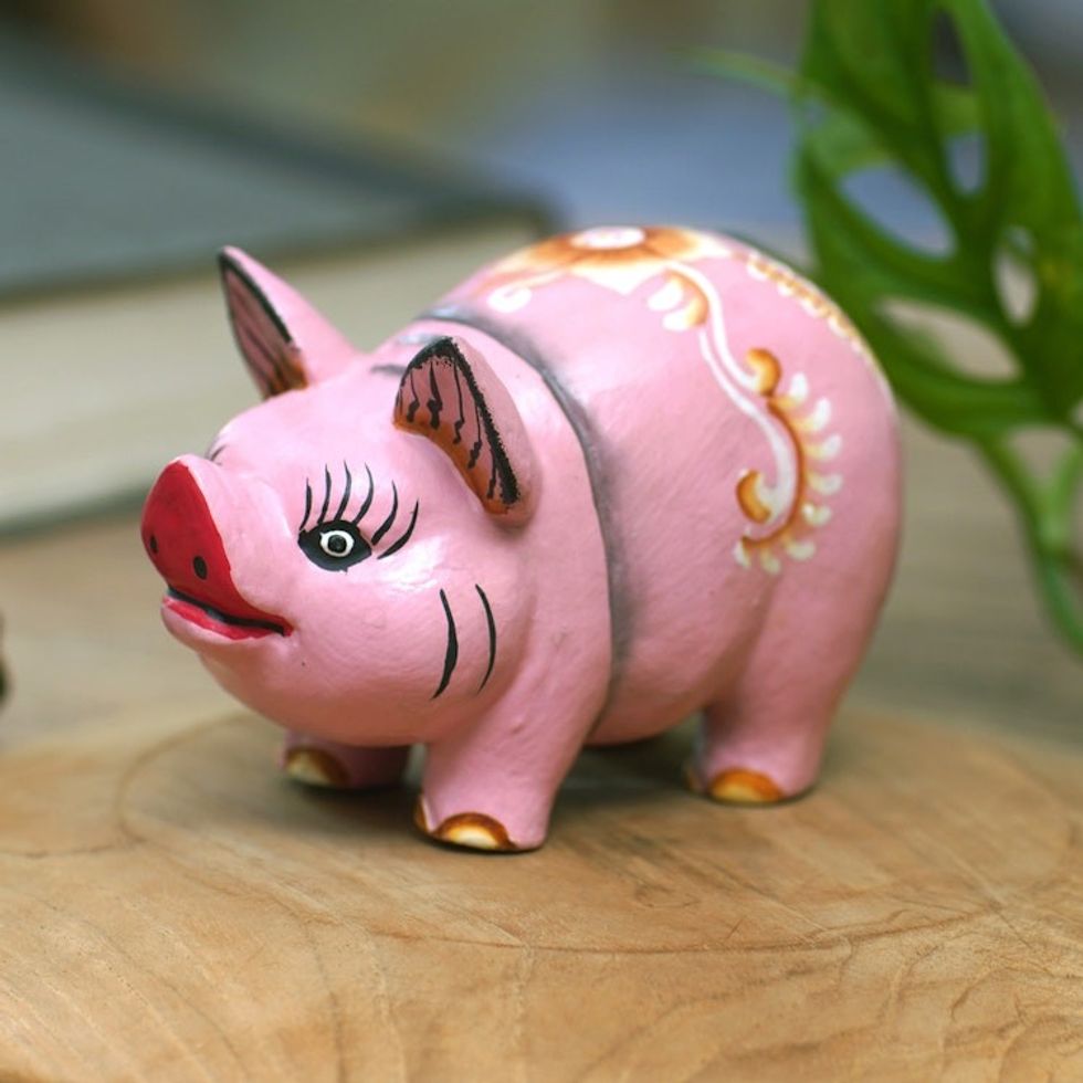 Pig Suar Wood Figurine Hand-Carved Hand-Painted in Bali 'Fashionable Piggy'