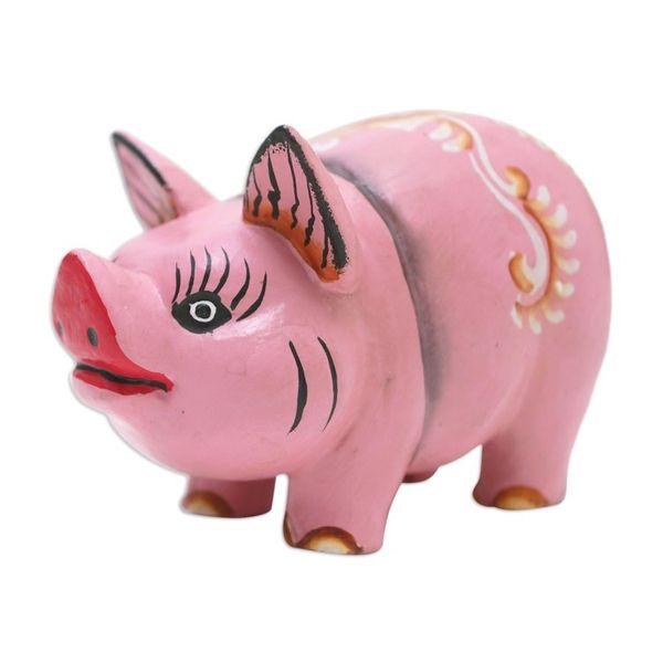 Alternate image for Pig Suar Wood Figurine Hand-Carved Hand-Painted in Bali Fashionable Piggy