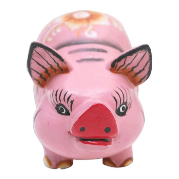 Alternate image for Pig Suar Wood Figurine Hand-Carved Hand-Painted in Bali Fashionable Piggy