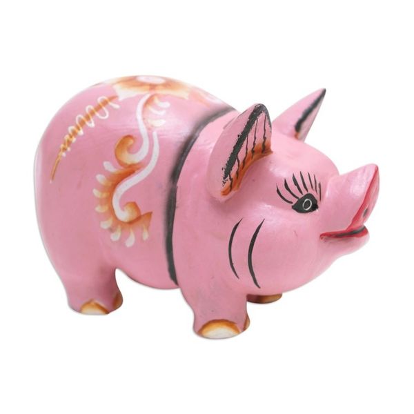 Alternate image for Pig Suar Wood Figurine Hand-Carved Hand-Painted in Bali Fashionable Piggy