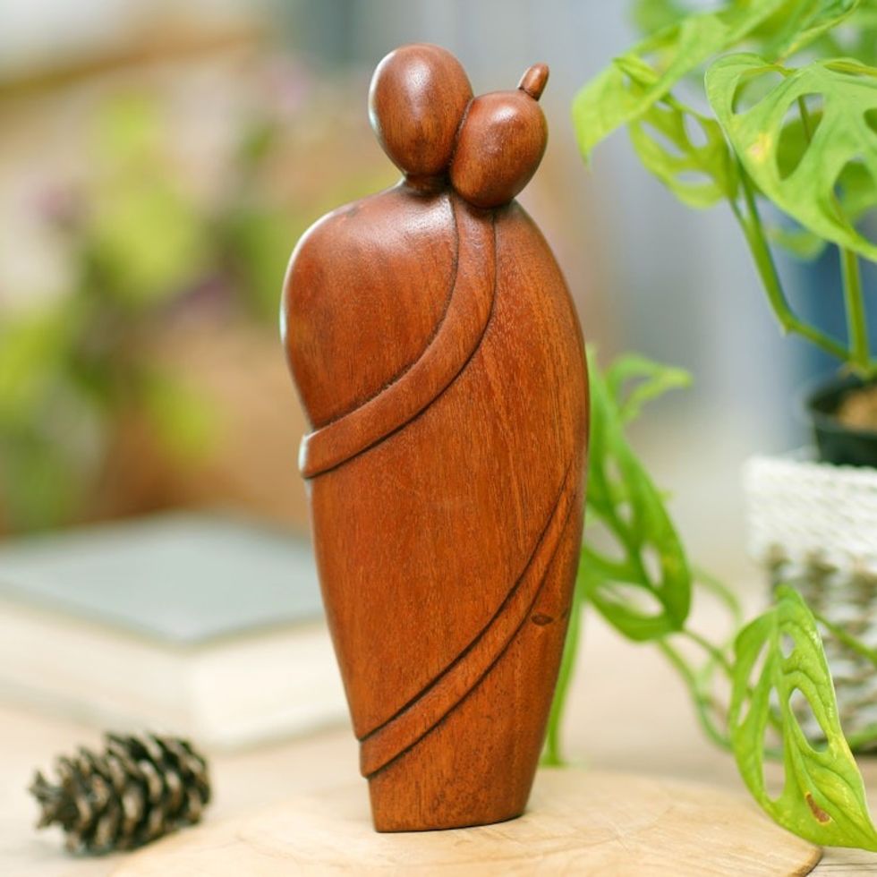 Hand-Carved Polished Suar Wood Sculpture of a Couple 'Hug Therapy'