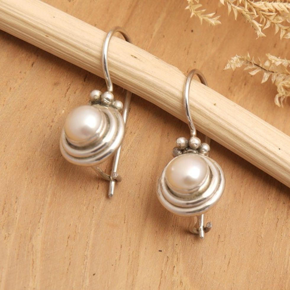 Modern Sterling Silver Drop Earrings with White Pearls 'Heart of the Universe'