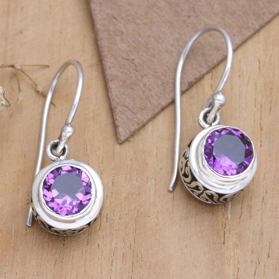 Faceted One-Carat Amethyst Dangle Earrings Crafted in Bali 'Purple Hex'