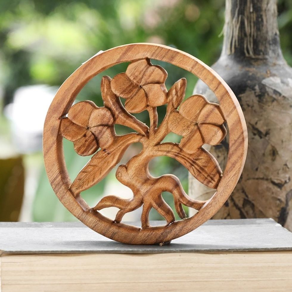 Hand-Carved Frangipani-Themed Suar Wood Relief Panel 'Little Frangipani'