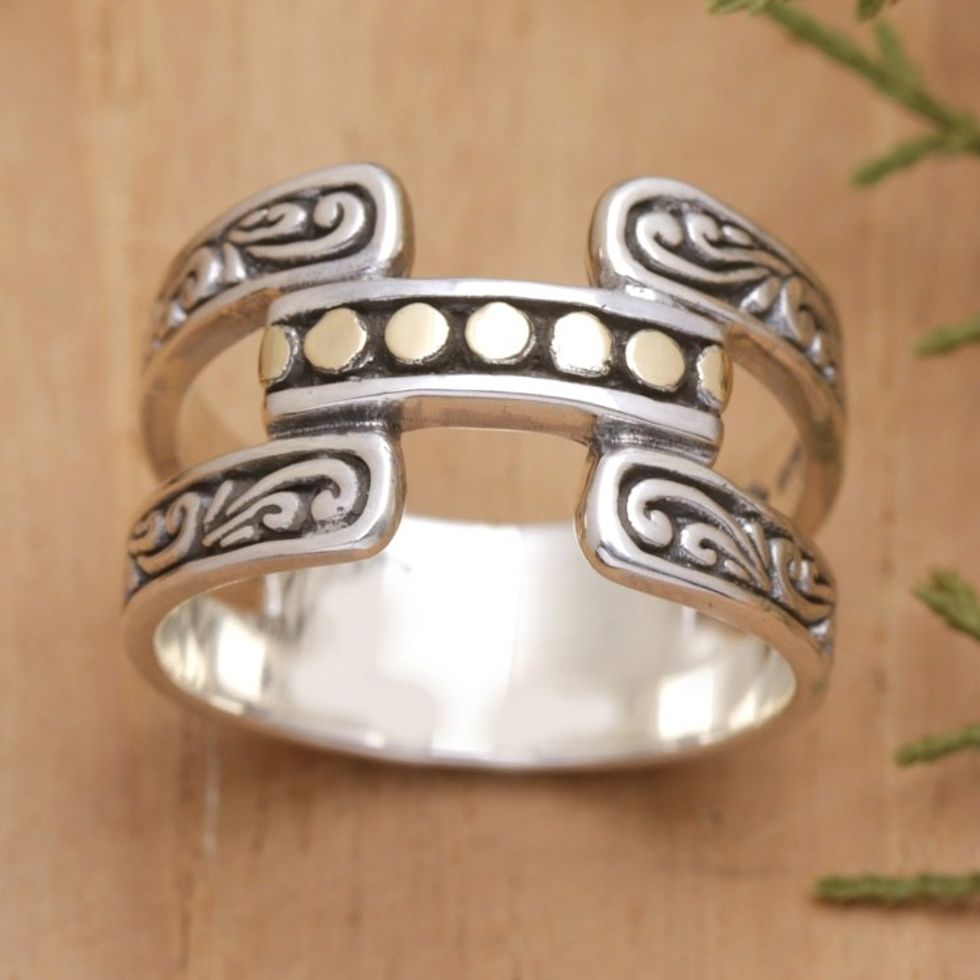 Traditional 18k Gold-Accented Sterling Silver Band Ring 'Armadillo Blooming'