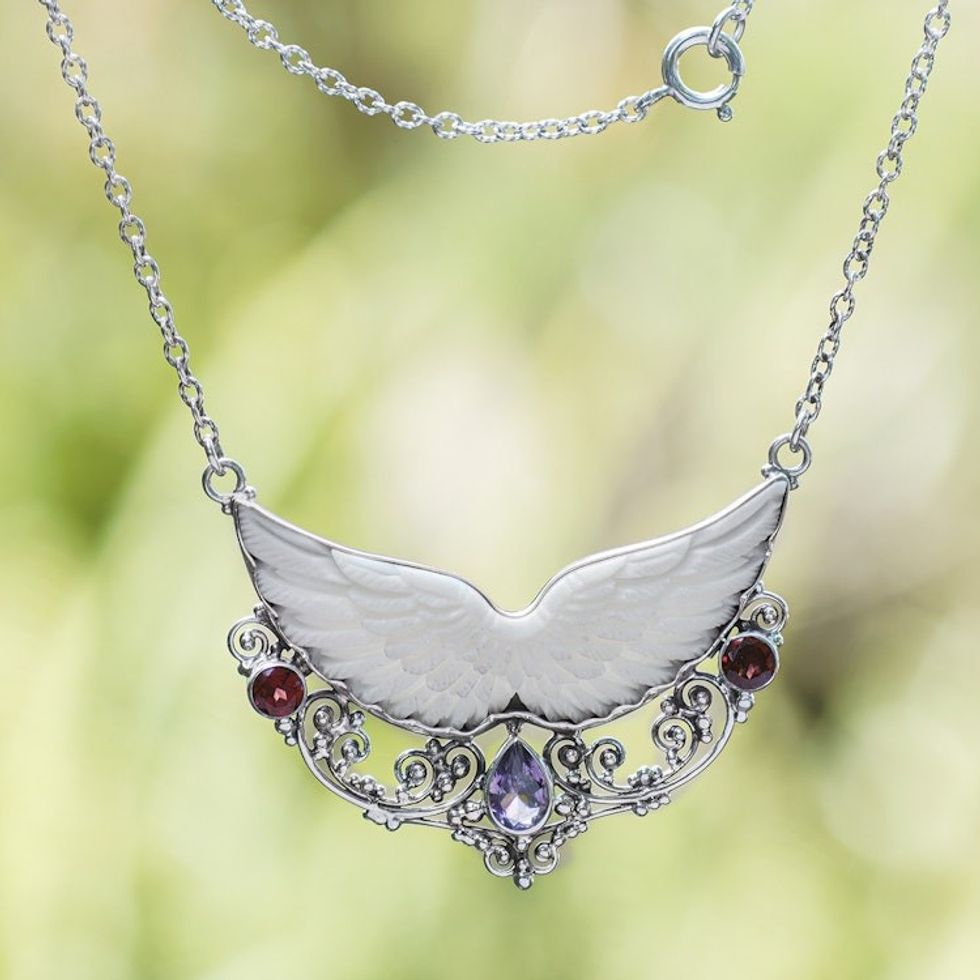Wing-Themed Pendant Necklace with Amethyst and Garnet Gems 'Celestial Wings'