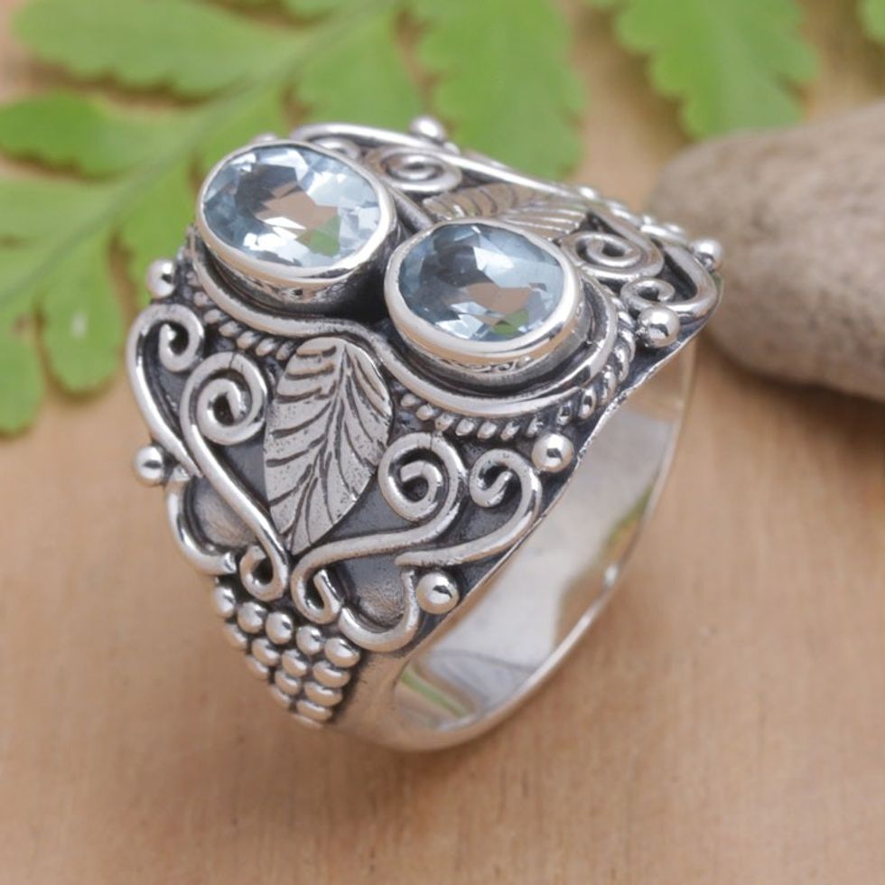 Leafy Sterling Silver Cocktail Ring with Blue Topaz Gems 'Leafy Loyalty'