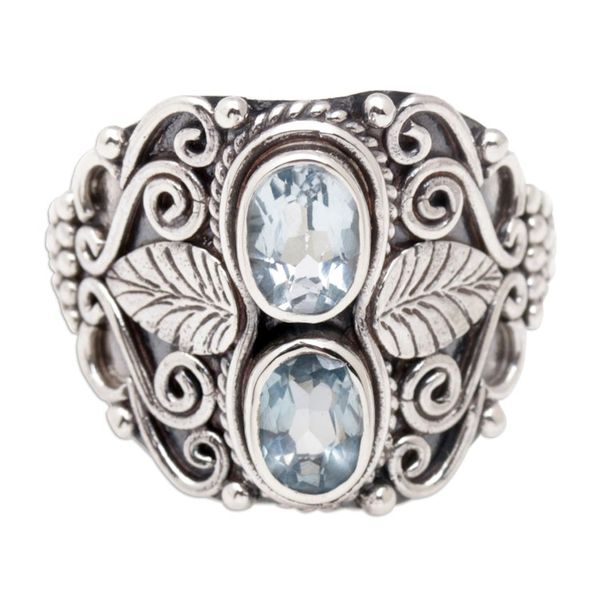 Alternate image for Leafy Sterling Silver Cocktail Ring with Blue Topaz Gems Leafy Loyalty