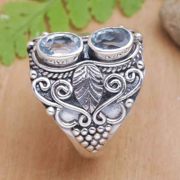 Alternate image for Leafy Sterling Silver Cocktail Ring with Blue Topaz Gems Leafy Loyalty