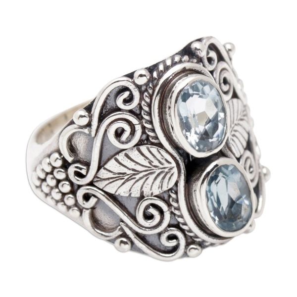 Alternate image for Leafy Sterling Silver Cocktail Ring with Blue Topaz Gems Leafy Loyalty