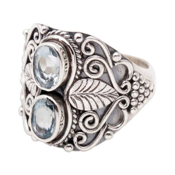Alternate image for Leafy Sterling Silver Cocktail Ring with Blue Topaz Gems Leafy Loyalty