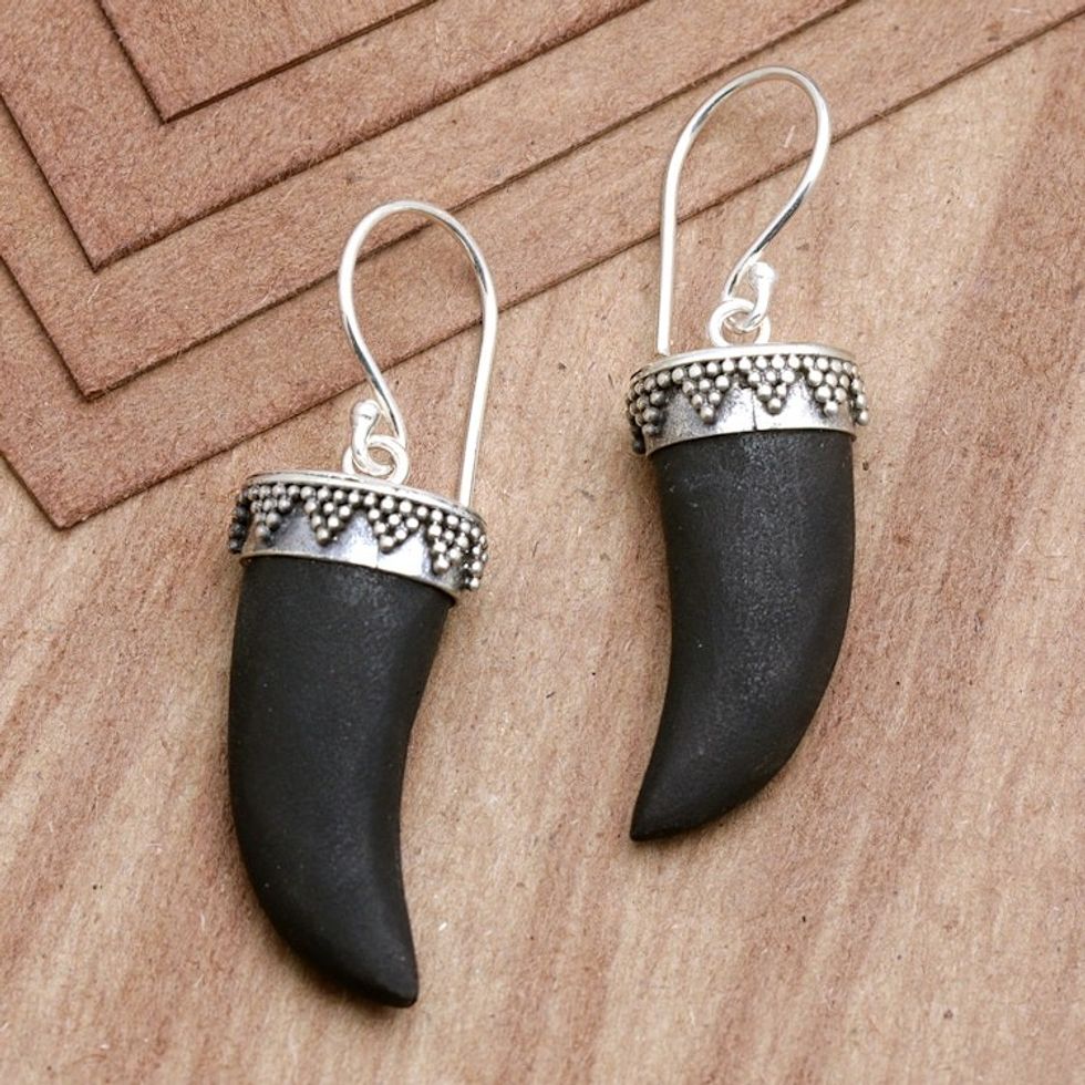 Fang-Themed Sterling Silver Dangle Earrings with Lava Stone 'Black Fangs'