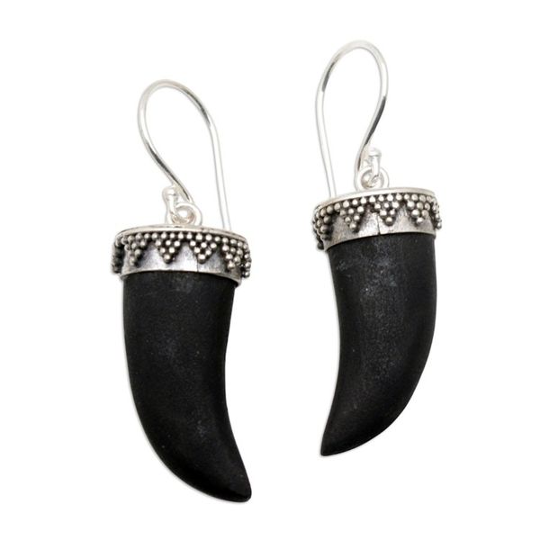 Alternate image for Fang-Themed Sterling Silver Dangle Earrings with Lava Stone Black Fangs