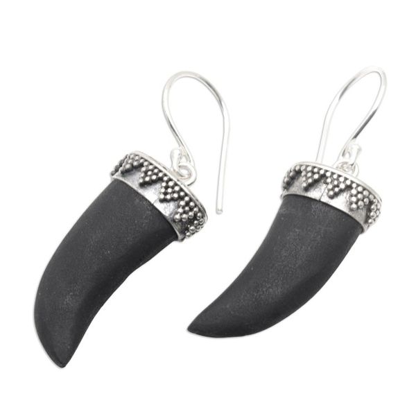 Alternate image for Fang-Themed Sterling Silver Dangle Earrings with Lava Stone Black Fangs