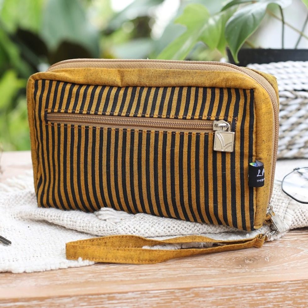 Multi-Pocket Striped Yellow Wristlet Bag Crafted from Cotton 'Versatile Yellow'