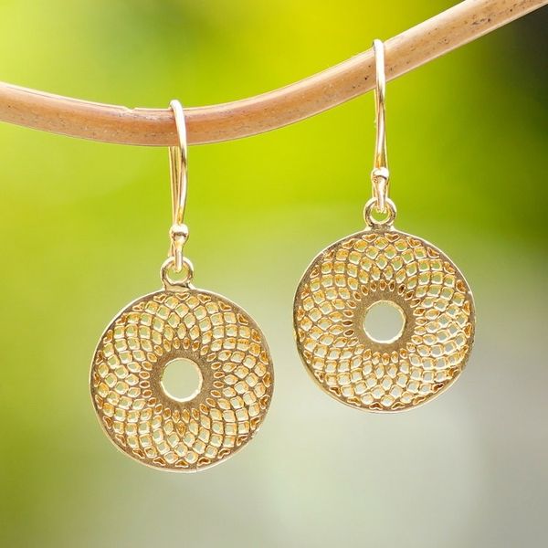 Alternate image for 18k Gold-Plated Floral Geometric Round Dangle Earrings Golden Mirage