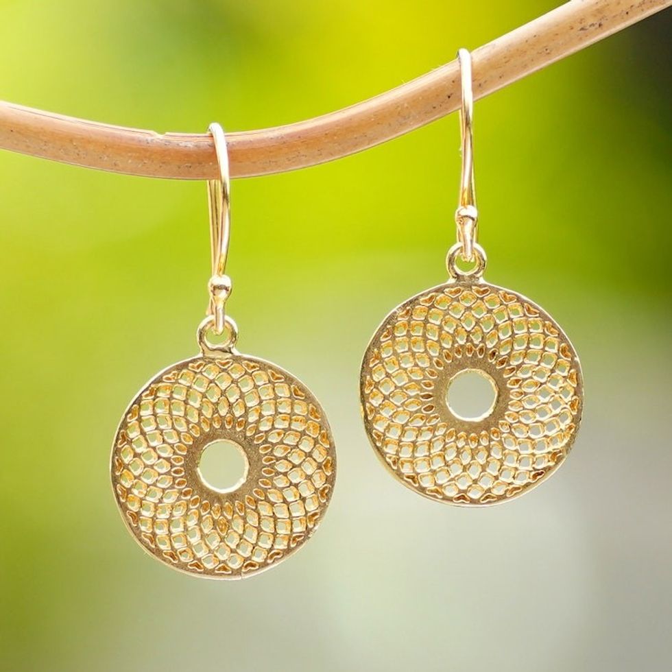 18k Gold-Plated Floral Geometric Round Dangle Earrings 'Golden Mirage'