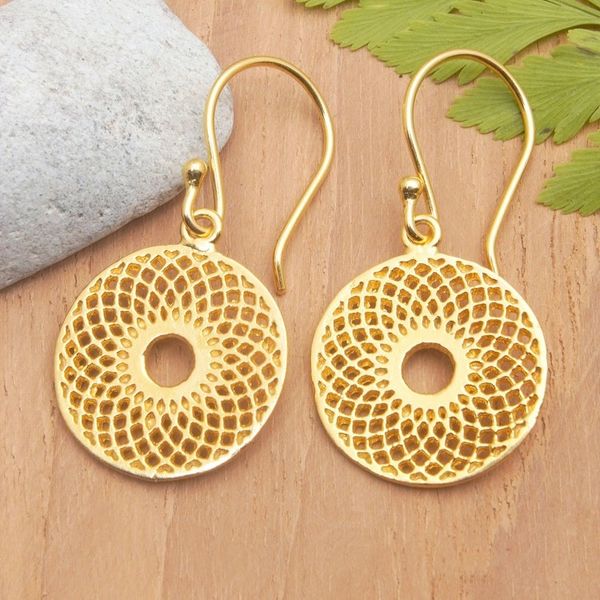 Alternate image for 18k Gold-Plated Floral Geometric Round Dangle Earrings Golden Mirage