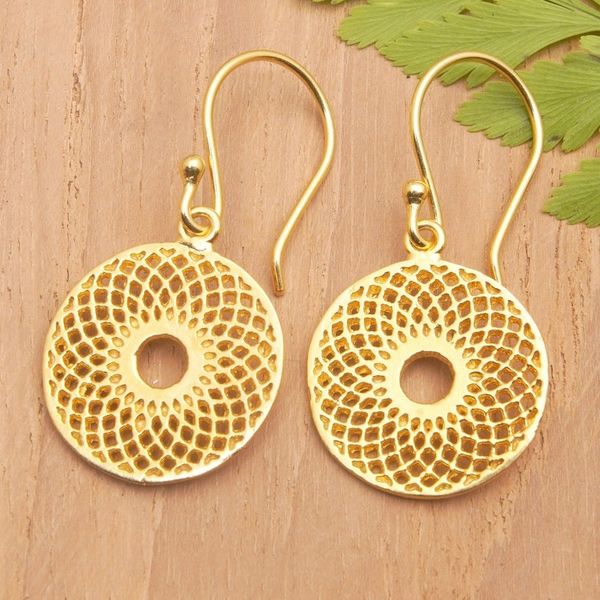 Alternate image for 18k Gold-Plated Floral Geometric Round Dangle Earrings Golden Mirage