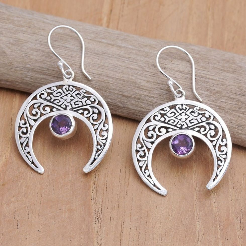 Sterling Silver Moon Dangle Earrings with Amethyst Gems 'Purple Twilight'
