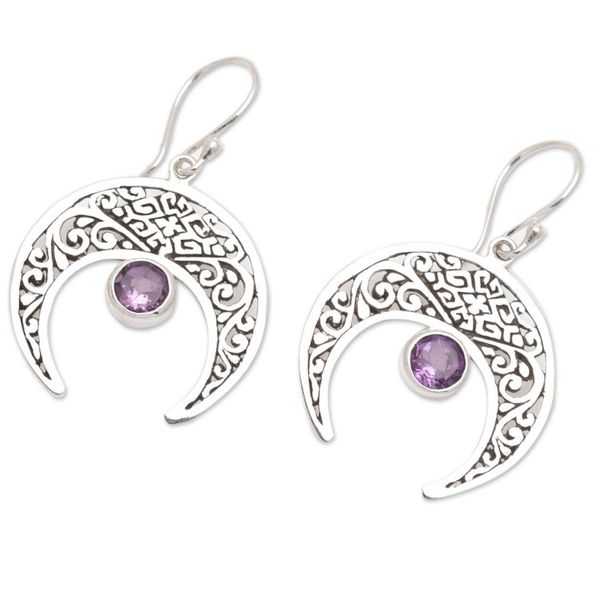 Alternate image for Sterling Silver Moon Dangle Earrings with Amethyst Gems Purple Twilight