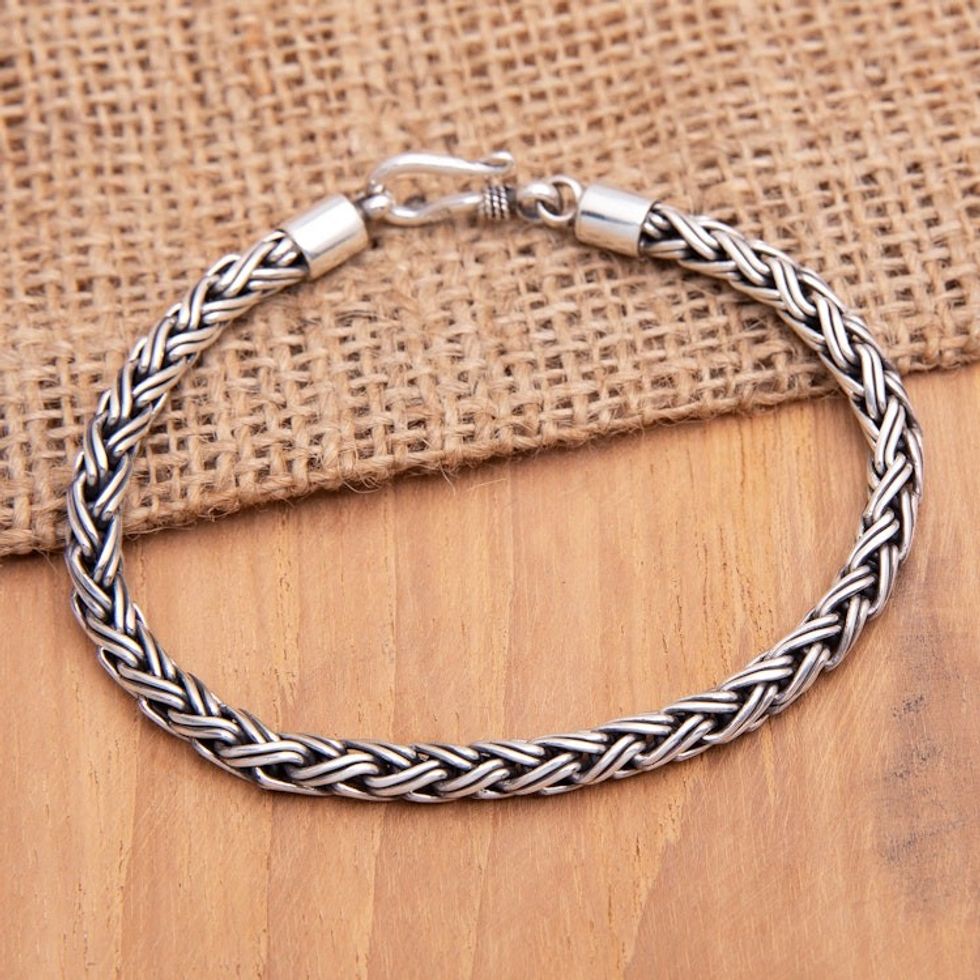 Polished Sterling Silver Chain Bracelet Crafted in Bali 'Wheat Emotions'