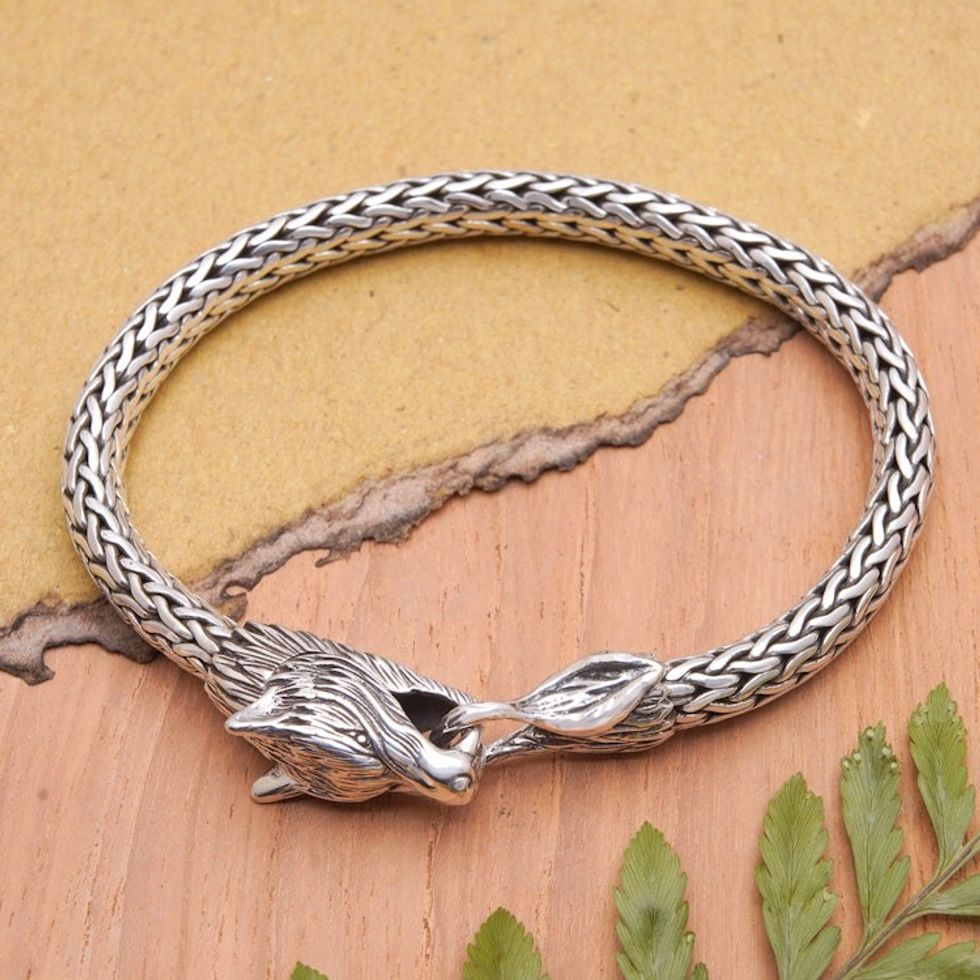 Men's Wolf-Themed Sterling Silver Chain Pendant Bracelet 'Wolf Glory'