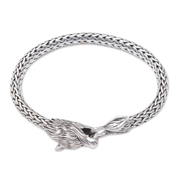 Alternate image for Mens Wolf-Themed Sterling Silver Chain Pendant Bracelet Wolf Glory