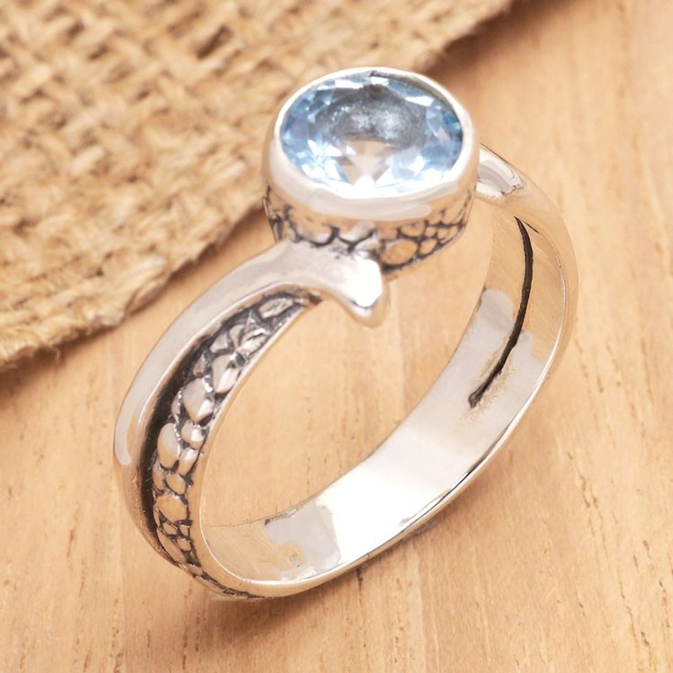 One-Carat Faceted Blue Topaz Single Stone Ring from Bali 'Loyal Embrace'