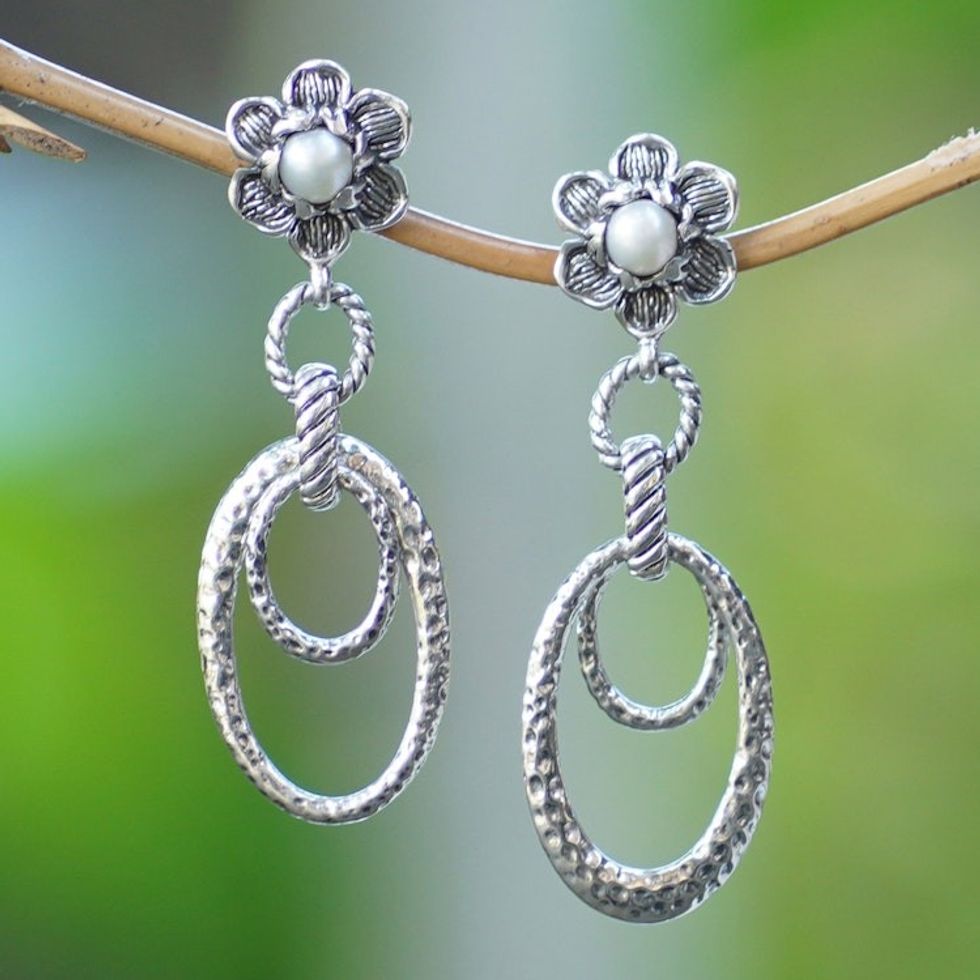 Floral Sterling Silver Dangle Earrings with White Pearls 'Innocence Will Flourish'