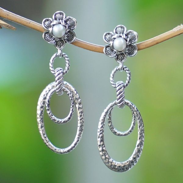 Alternate image for Floral Sterling Silver Dangle Earrings with White Pearls Innocence Will Flourish