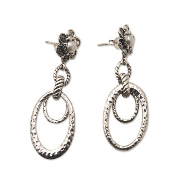 Alternate image for Floral Sterling Silver Dangle Earrings with White Pearls Innocence Will Flourish