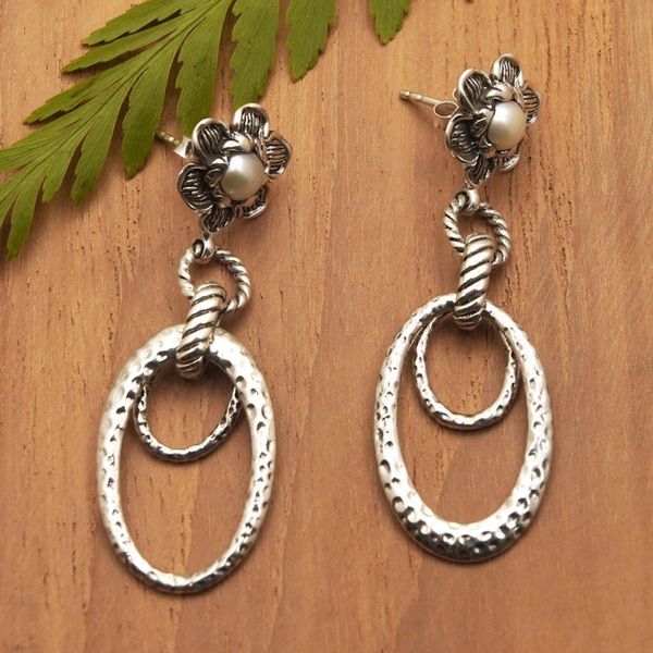 Alternate image for Floral Sterling Silver Dangle Earrings with White Pearls Innocence Will Flourish