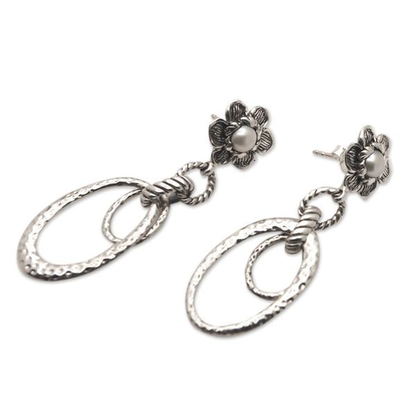Alternate image for Floral Sterling Silver Dangle Earrings with White Pearls Innocence Will Flourish